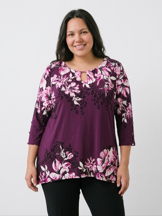 JM Collection Tops - JM Collection Women's Purple Floral Keyhole Tunic Top 3/4 Sleeves